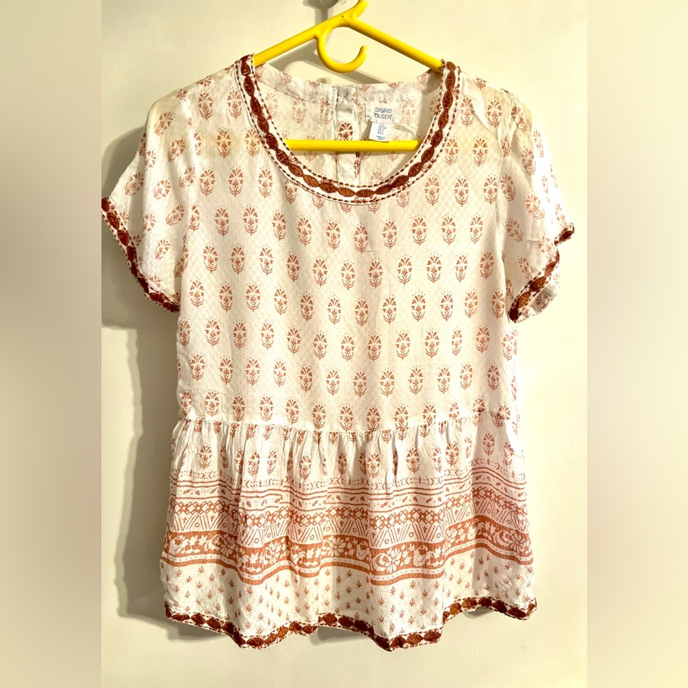 Sigrid Olsen Cream and Brown Patterned Blouse